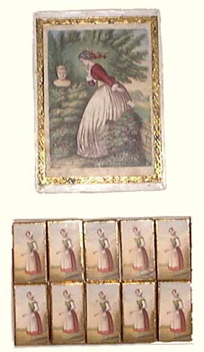 Needle Box showing Bradshaw & Blacklock's print 'To Him' with a gold border on the lid and 10 small boxes inside each decorated with the same print from the Swiss Scenes set