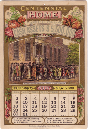 July from the Centennial Home Insurance Company almanac for 1876 printed by Kronheim & Co, New York